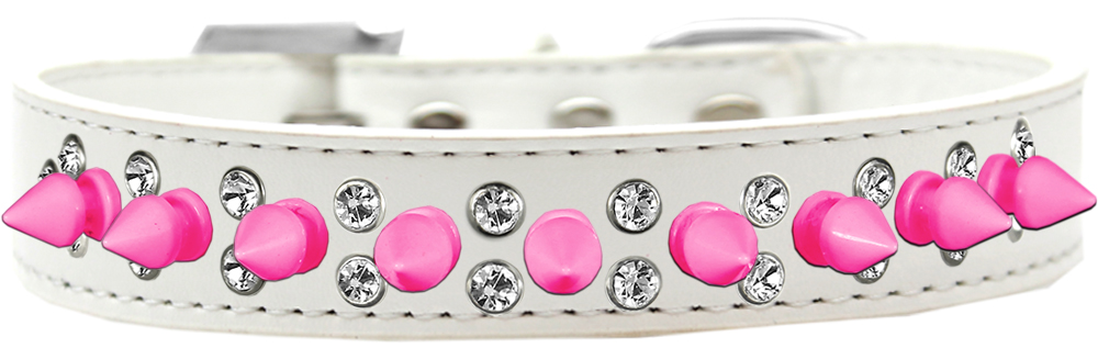 Double Crystal and Bright Pink Spikes Dog Collar White Size 12